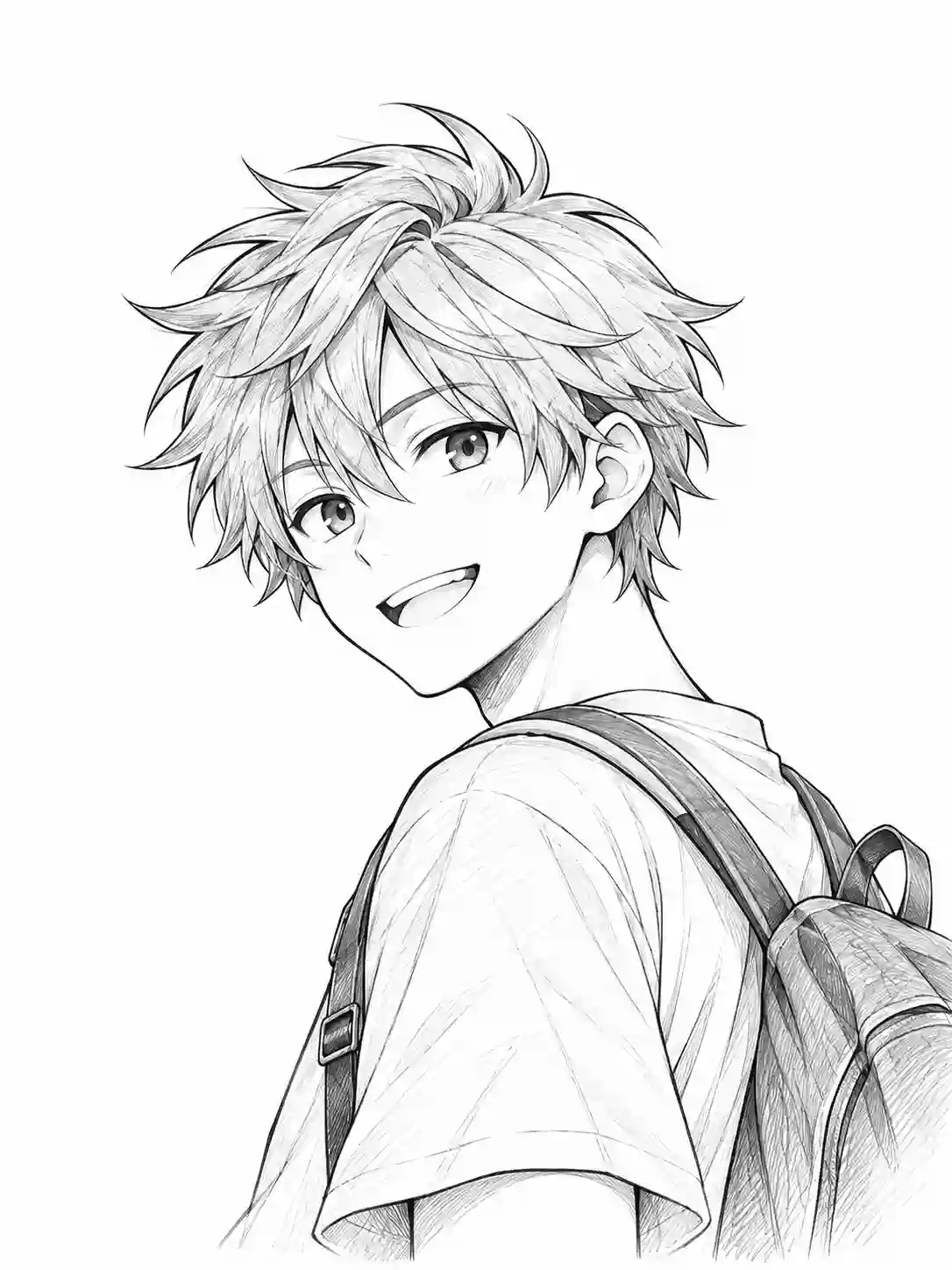 Anime School Boy Looking Back with Backpack outline template to trace with AR Drawing
