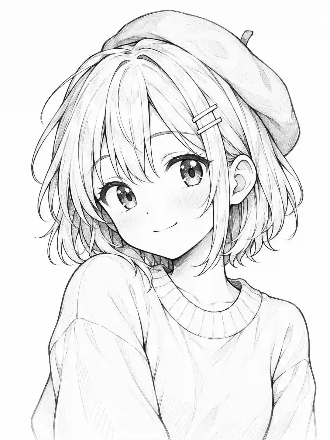 Anime Girl in Beret and Sweater outline template to trace with AR Drawing
