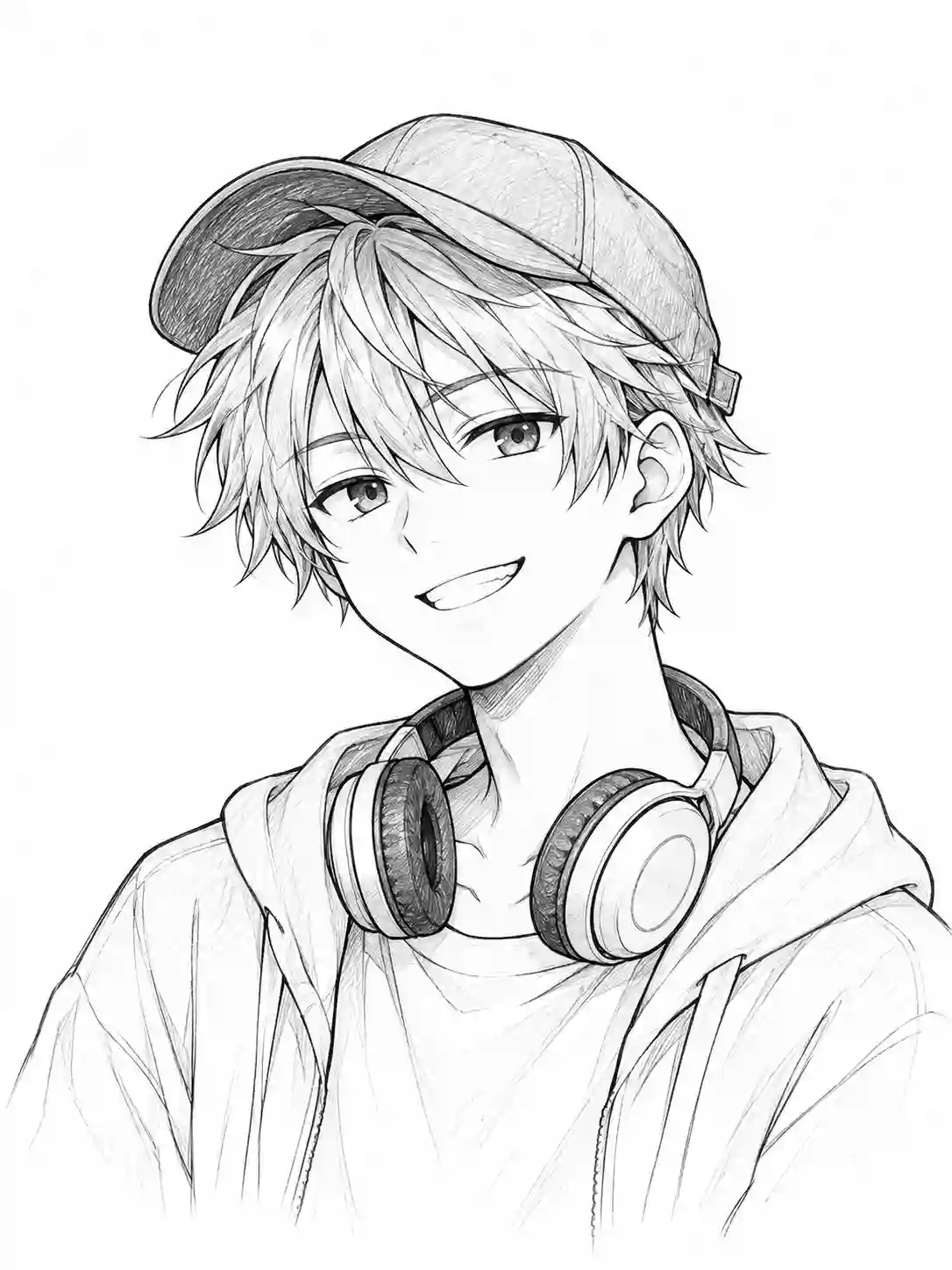 Cool Anime Boy with Baseball Cap and Headphones outline template to trace with AR Drawing