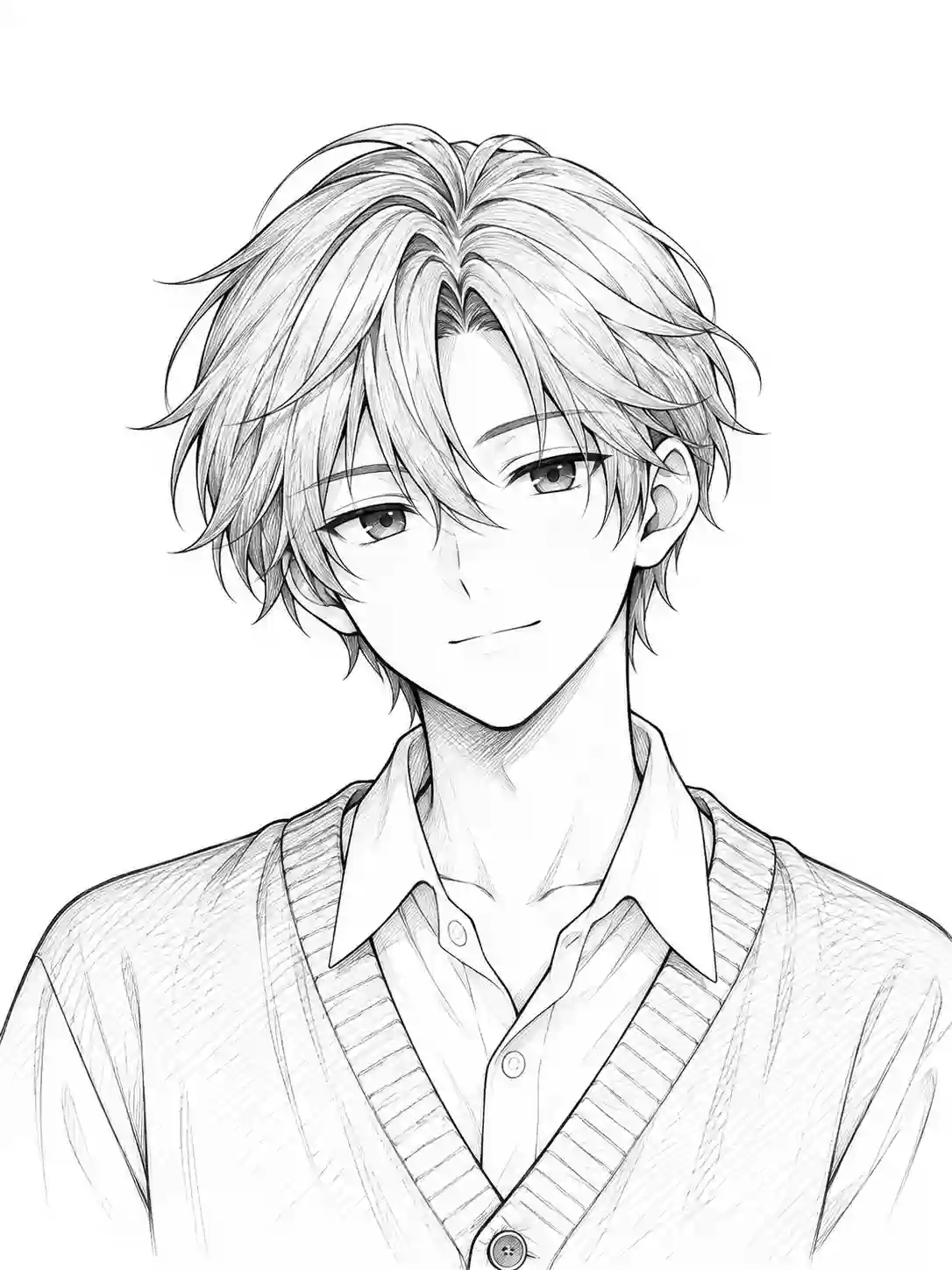 Handsome Anime School Boy in Cardigan outline template to trace with AR Drawing