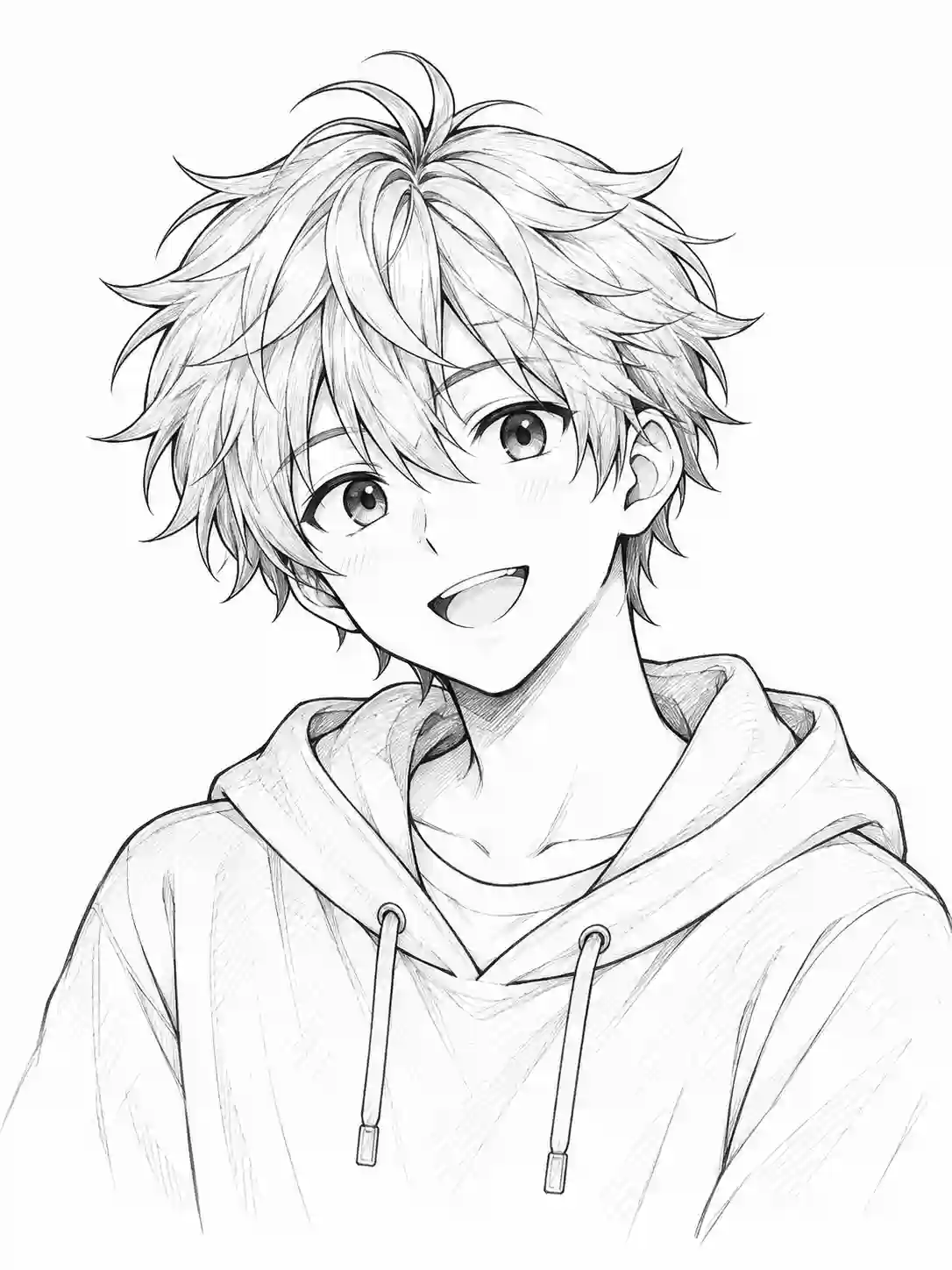 Cheerful Fluffy Hair Anime Boy in Hoodie outline template to trace with AR Drawing