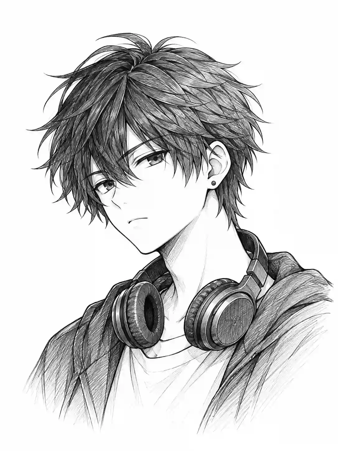 Cool Anime Boy with Neck Headphones outline template to trace with AR Drawing
