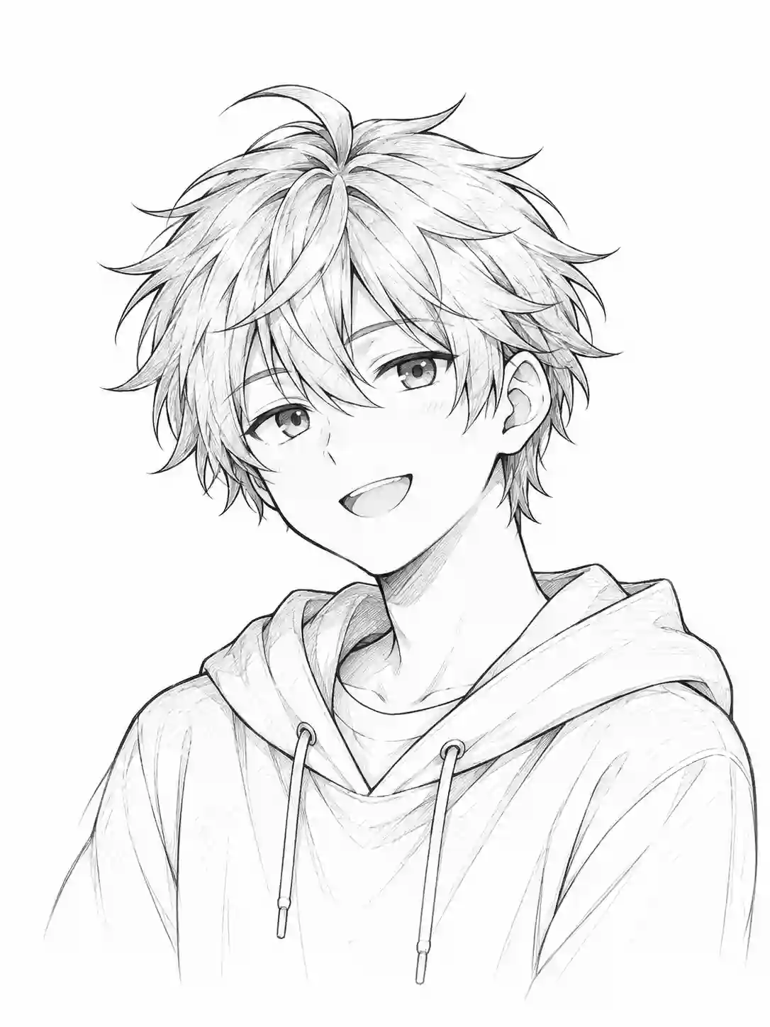 Joyful Spiky Hair Anime Boy in Hoodie outline template to trace with AR Drawing