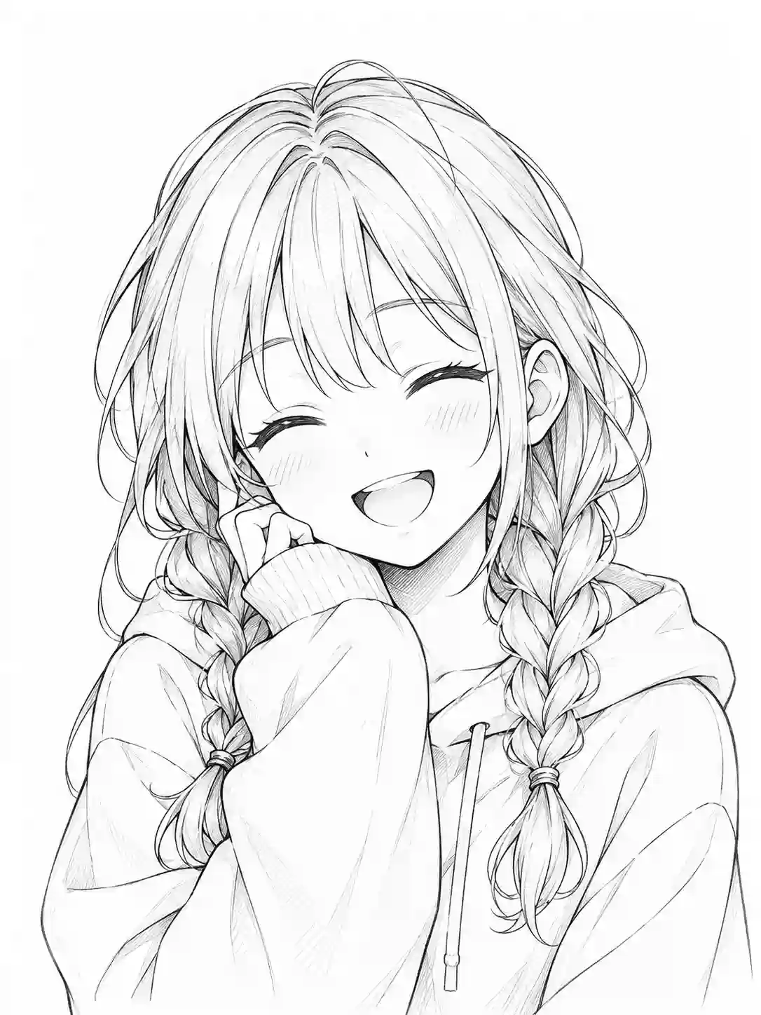 Laughing Anime Girl with Twin Braids in Hoodie outline template to trace with AR Drawing