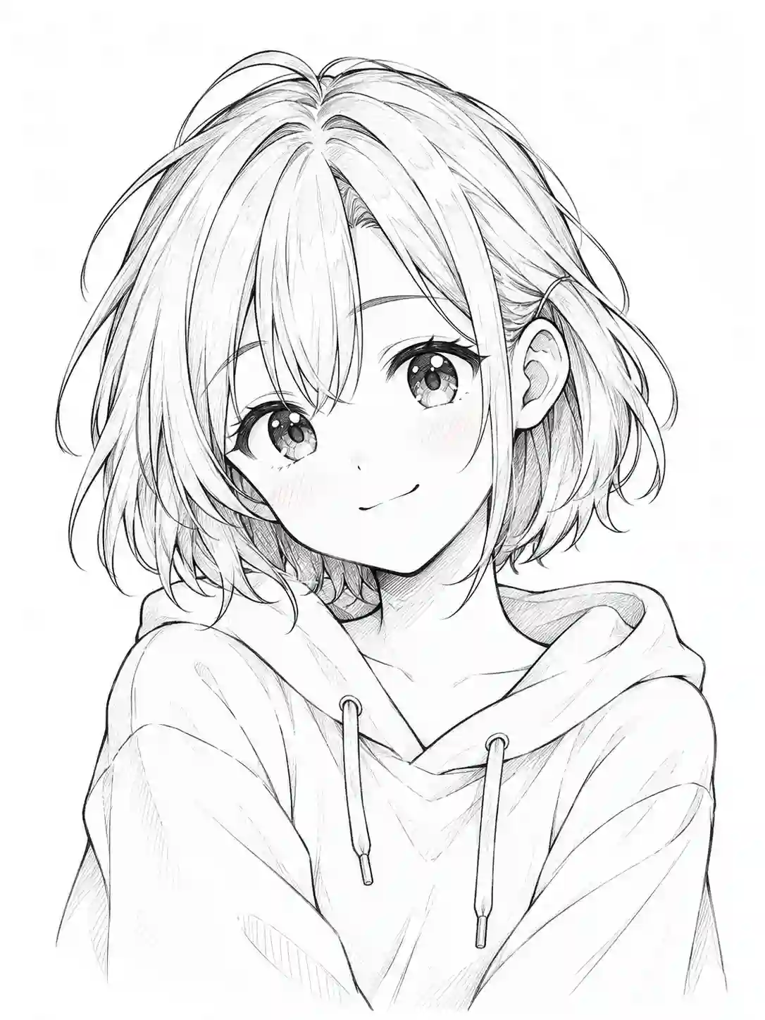 Anime Short Hair Girl in Oversized Hoodie outline template to trace with AR Drawing
