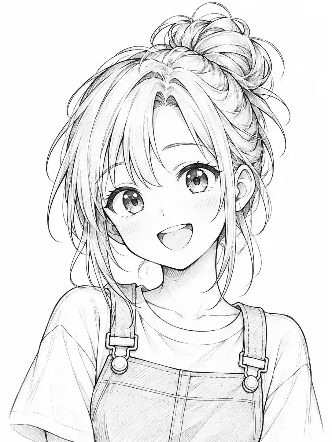 Anime Girl with Messy Bun and Dungarees outline template to trace with AR Drawing