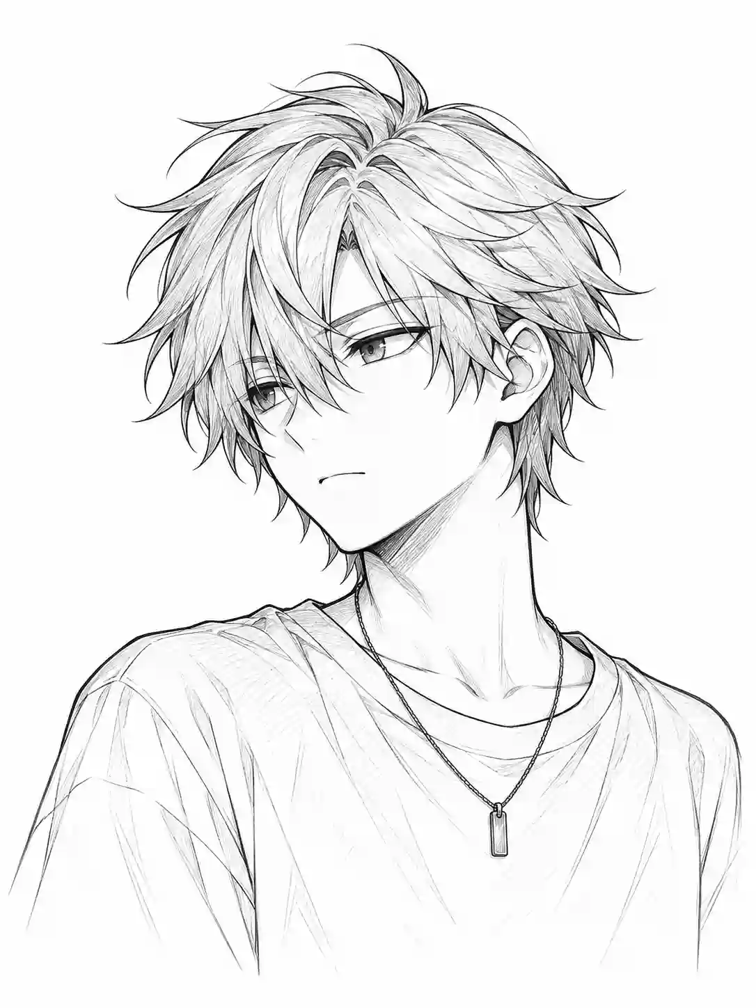 Cool Anime Boy with Pendant Necklace outline template to trace with AR Drawing