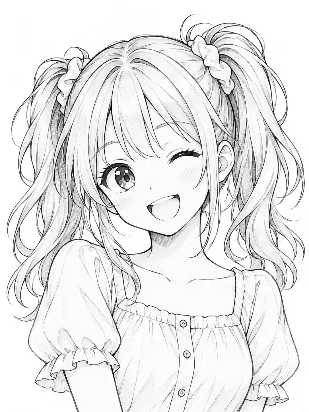 Winking Anime Girl with Pigtails outline template to trace with AR Drawing