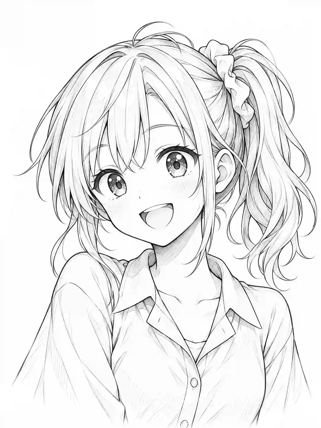 Anime Girl with Side Ponytail in School Shirt outline template to trace with AR Drawing