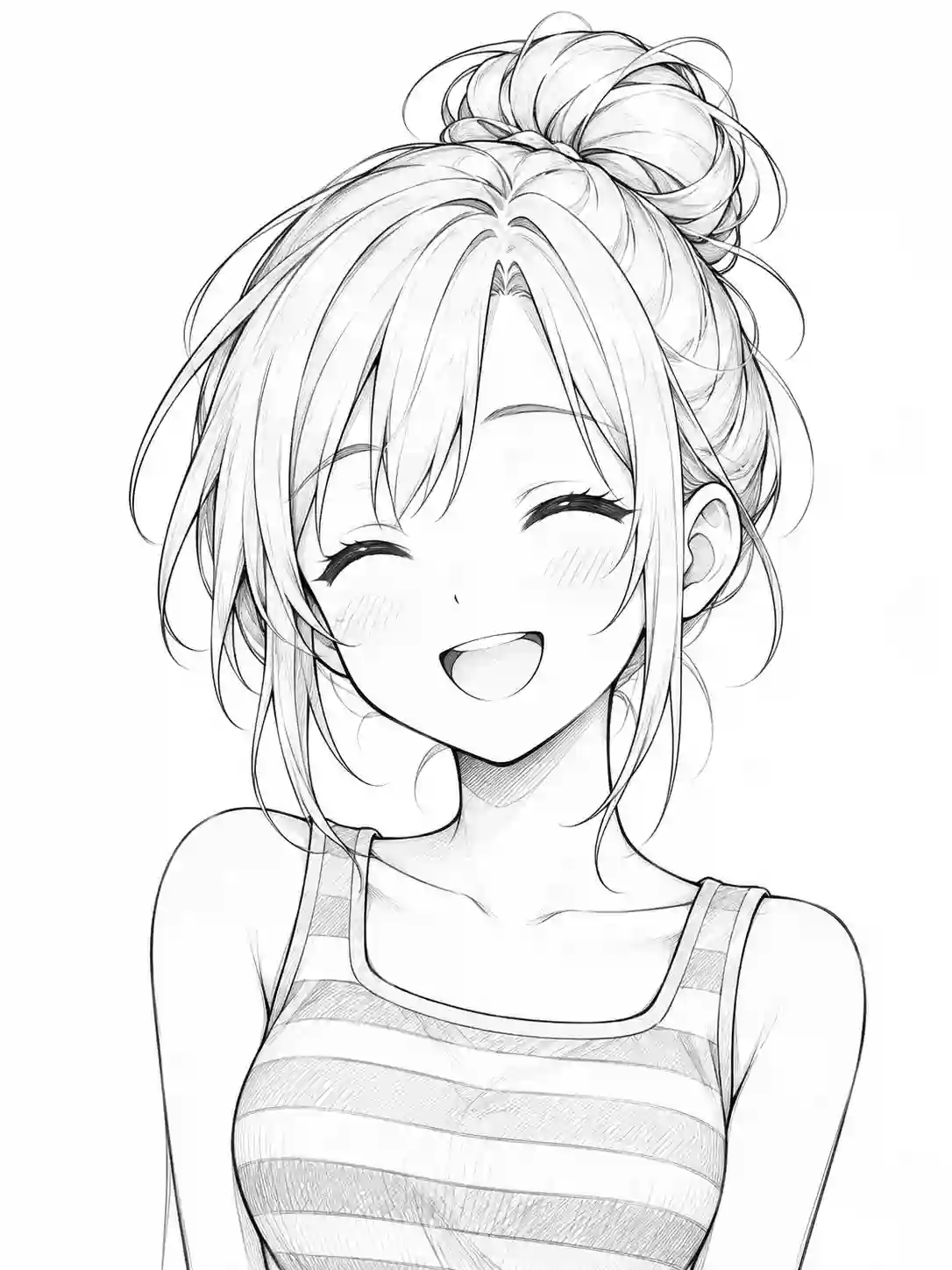 Joyful Anime Girl in Striped Tank Top outline template to trace with AR Drawing