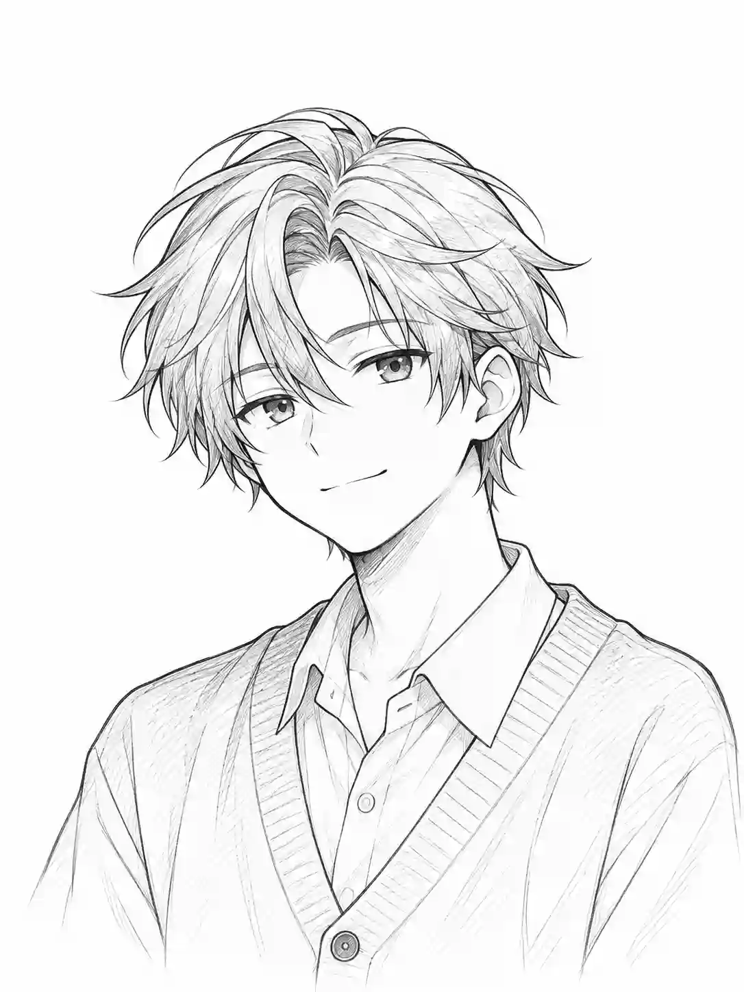 Gentle Anime Boy with Wavy Hair in Cardigan outline template to trace with AR Drawing