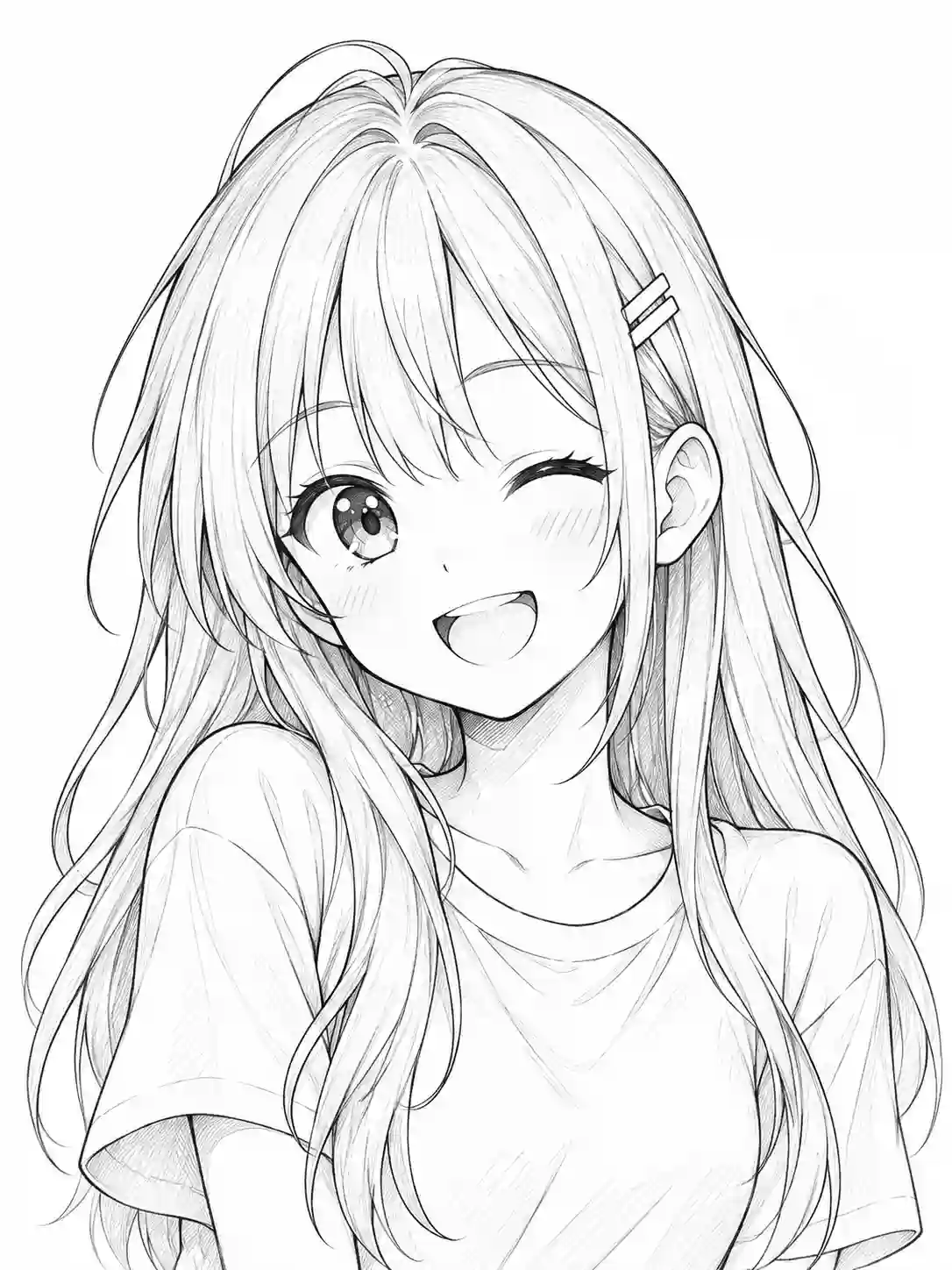 Winking Anime Girl with Long Hair in T-Shirt outline template to trace with AR Drawing