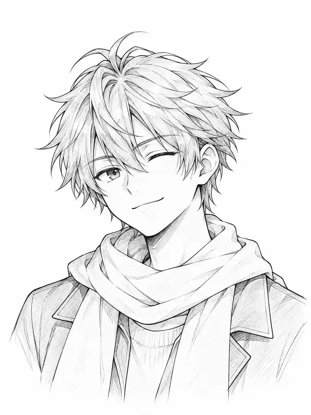 Winking Anime Boy with Long Scarf and Coat outline template to trace with AR Drawing