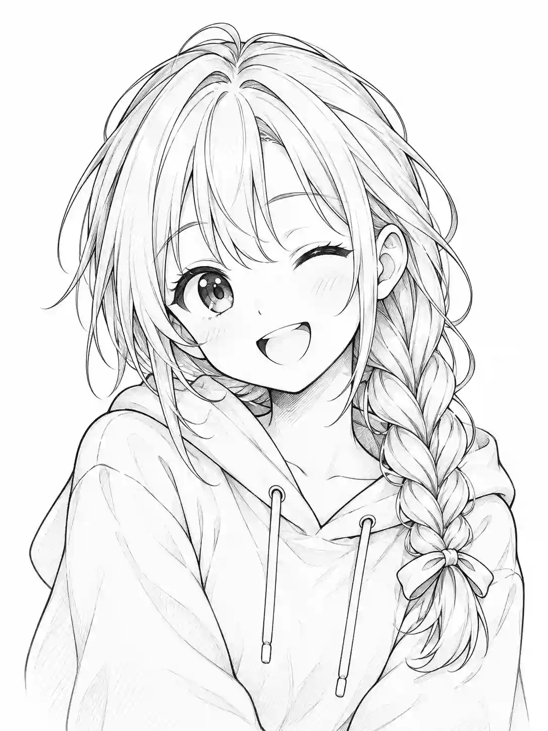Winking Anime Girl with Side Braid outline template to trace with AR Drawing