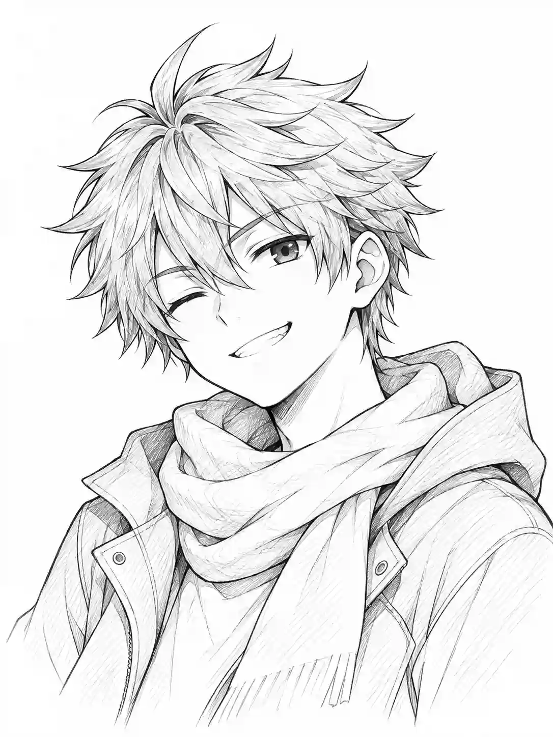 Winking Anime Boy with Winter Scarf outline template to trace with AR Drawing