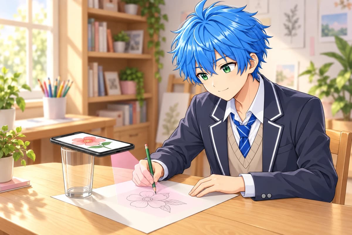 Blue-haired anime boy using a phone supported on a glass to follow a flower drawing guide on paper