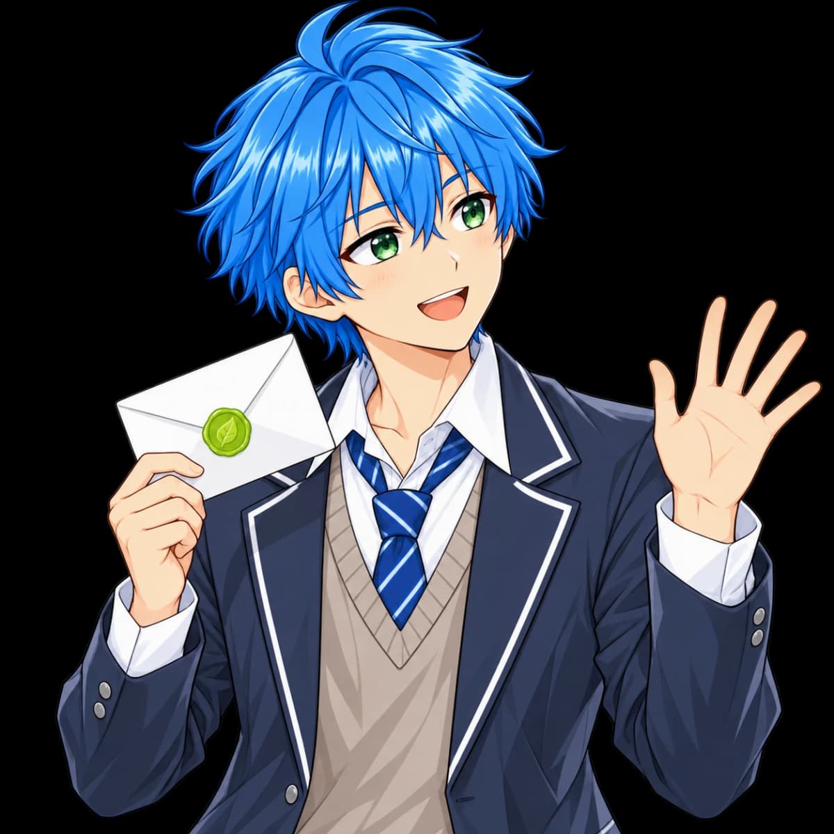 Blue-haired anime boy waving and holding an envelope