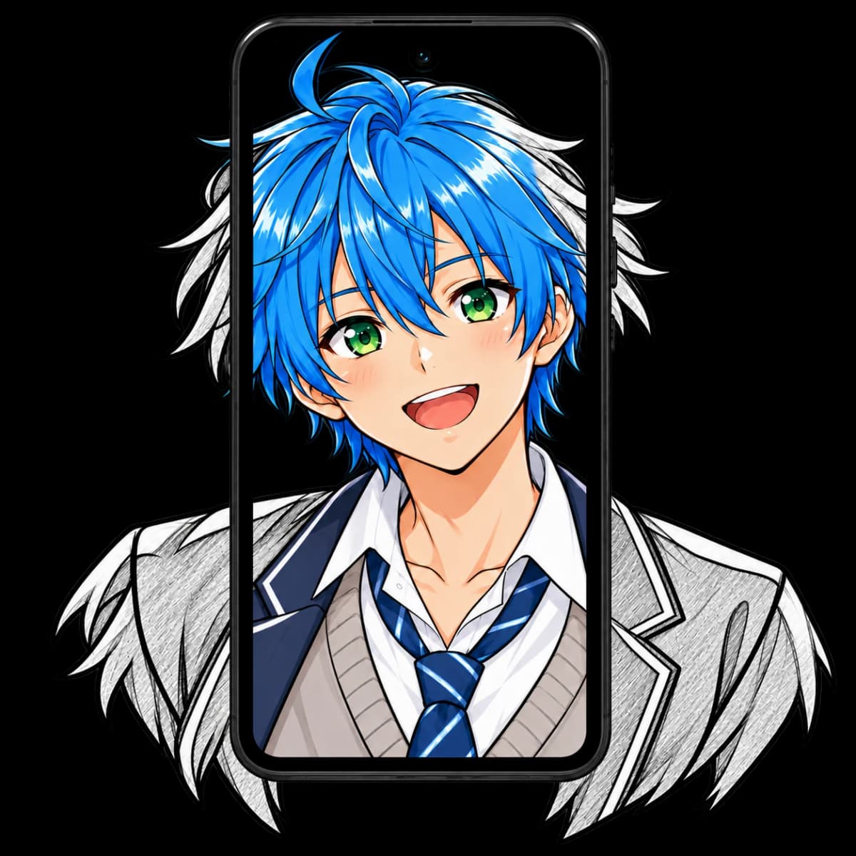 Smiling blue-haired anime boy in a phone, with his pencil sketch extending beyond it